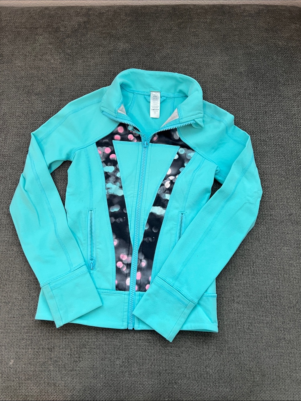 Ivivva Girls' Aqua Zip Jacket with Black & Pink Dot Panels
